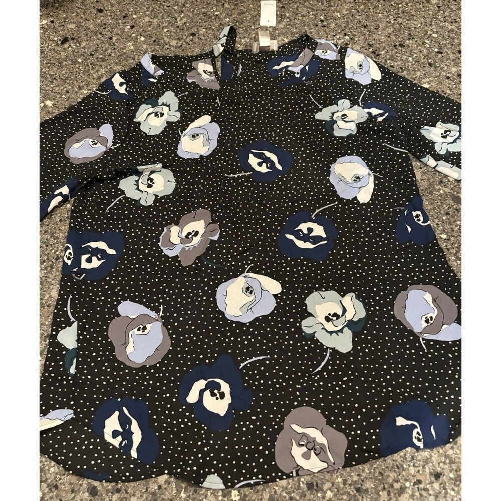 Loft Outlet Top Large NWT  Black White Polka Dot Floral Lilac Long Sleeve Large